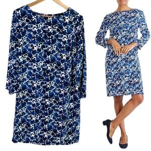 J.Crew Indigo Blue Floral Shift Dress 3/4 Sleeves, Size‎ Small